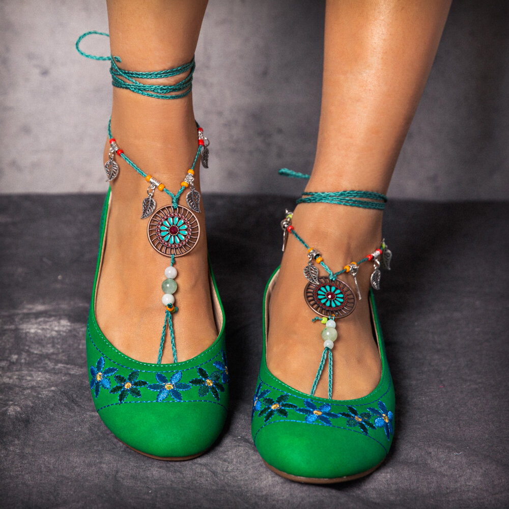 Beaded Chain Exotic Style Flower Embroidered Casual Green Loafers Beaded Chain Exotic Style Flower Embroidered Casual Green Loafers