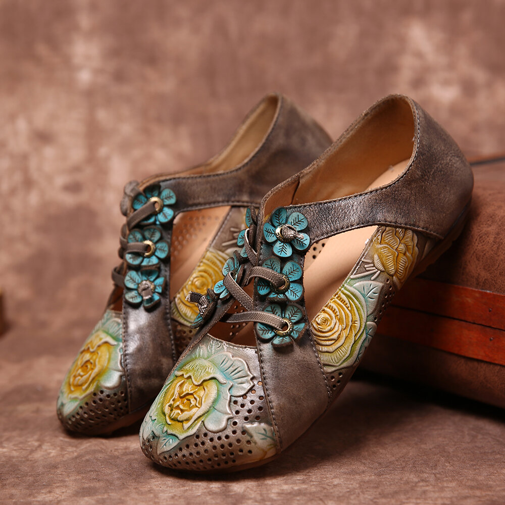 Retro Embossed Flower Splicing Floral Hollow Lace Up Slip On Flat Shoes Retro Embossed Flower Splicing Floral Hollow Lace Up Slip On Flat Shoes