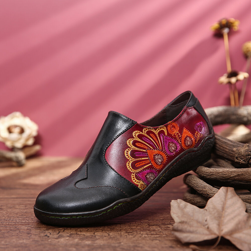 Retro Splicing Flower Pattern Comfy Genuine Leather Side Zipper Casual Flat Shoes Retro Splicing Flower Pattern Comfy Genuine Leather Side Zipper Casual Flat Shoes