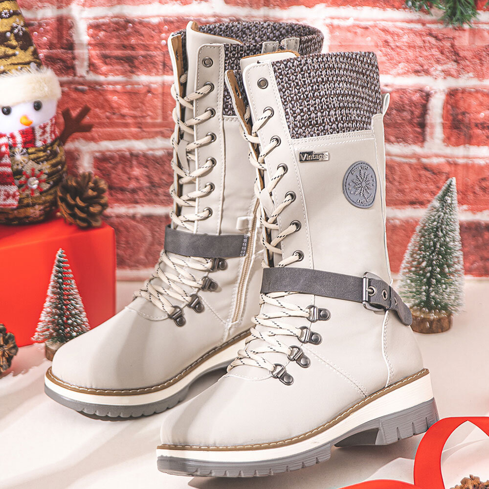 Women Retro Buckle Solid Color Side-zip Casual Knitted Shoe Tube Mid-Calf Snow Boots Women Retro Buckle Solid Color Side-zip Casual Knitted Shoe Tube Mid-Calf Snow Boots