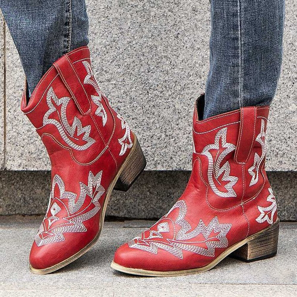 Women Casual Totem Embroidery Winter Warm Pointed Toe Mid-Calf Cowboy Boots Women Casual Totem Embroidery Winter Warm Pointed Toe Mid-Calf Cowboy Boots