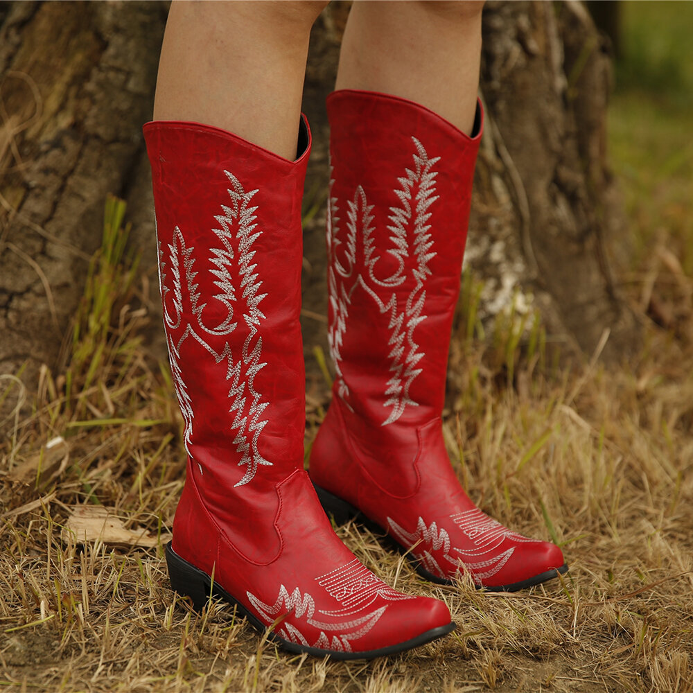 Women Large Size Retro Pointed Toe Embroidered Chunky Heel Cowboy Boots Women Large Size Retro Pointed Toe Embroidered Chunky Heel Cowboy Boots
