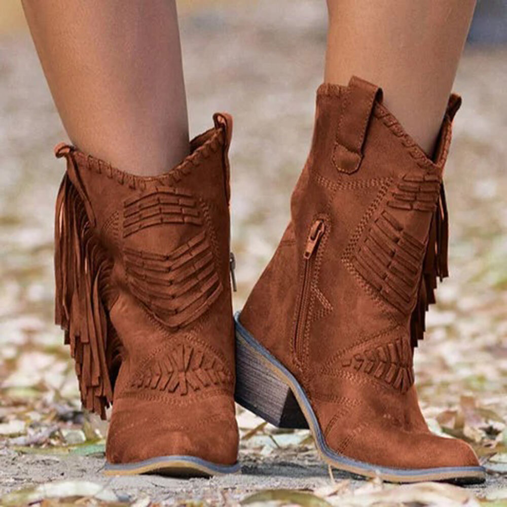 Plus Size Women Tassel Side Zipper Chunky Heel Mid-calf Cowboy Boots Plus Size Women Tassel Side Zipper Chunky Heel Mid-calf Cowboy Boots