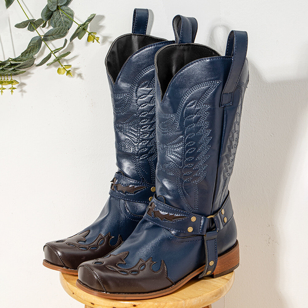 Women Embroidered Splicing Metal Buckle Mid Calf Boots Women Embroidered Splicing Metal Buckle Mid Calf Boots