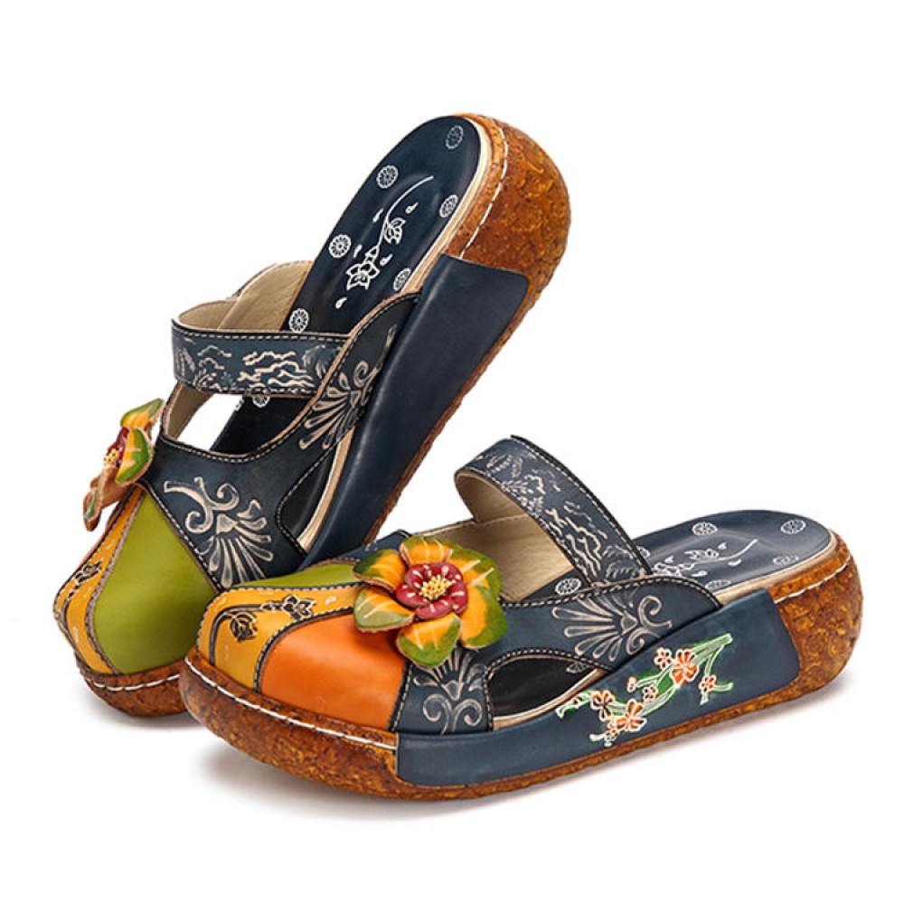 Women Genuine Leather Flower Decoration Backless Colorful Hollow Out Wedge Sandals Women Genuine Leather Flower Decoration Backless Colorful Hollow Out Wedge Sandals