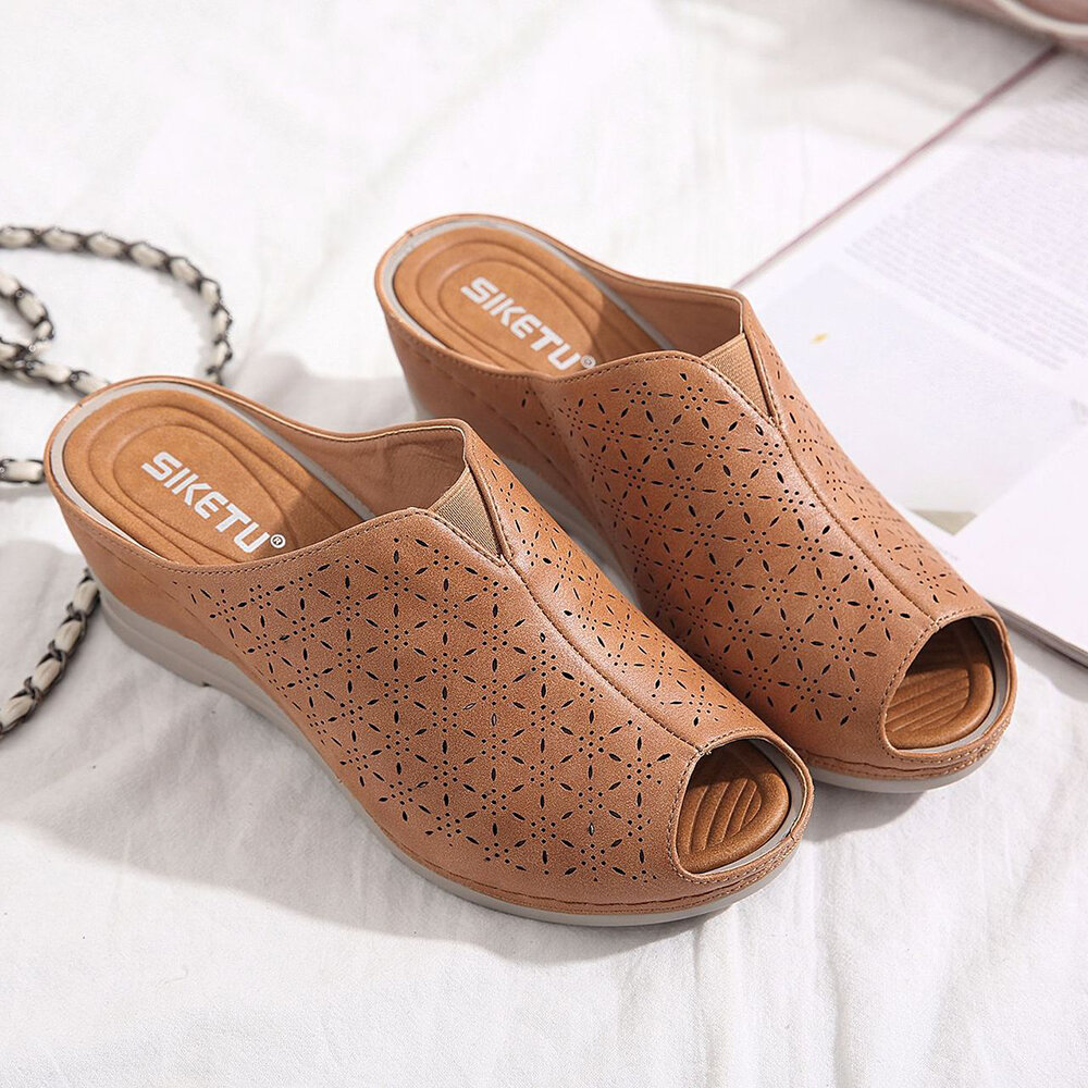 Women Breathable Hollow-out Peep Toe Wedges Sandals Women Breathable Hollow-out Peep Toe Wedges Sandals