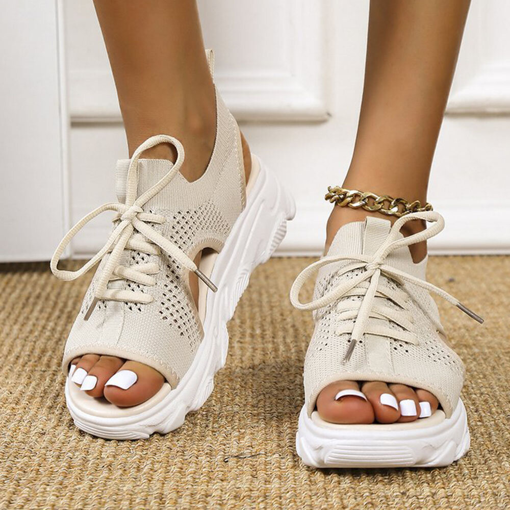 Women Casual Lace-up Comfy Knit Open Toe Platform Sandals Women Casual Lace-up Comfy Knit Open Toe Platform Sandals