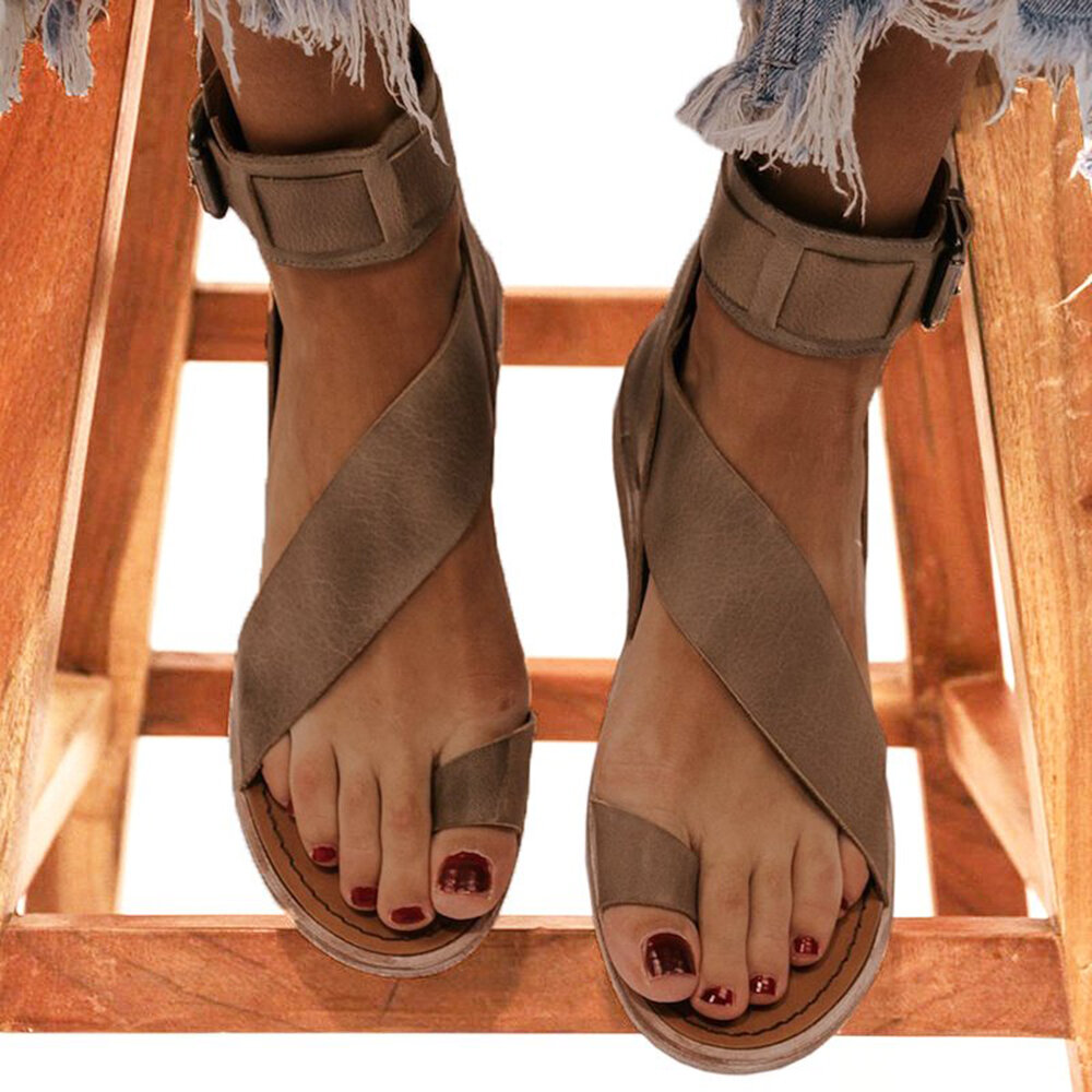 Women Retro Toe Ring Roman Ankle Strap Casual Summer Flat Sandals Women Retro Toe Ring Roman Ankle Strap Casual Summer Flat Sandals