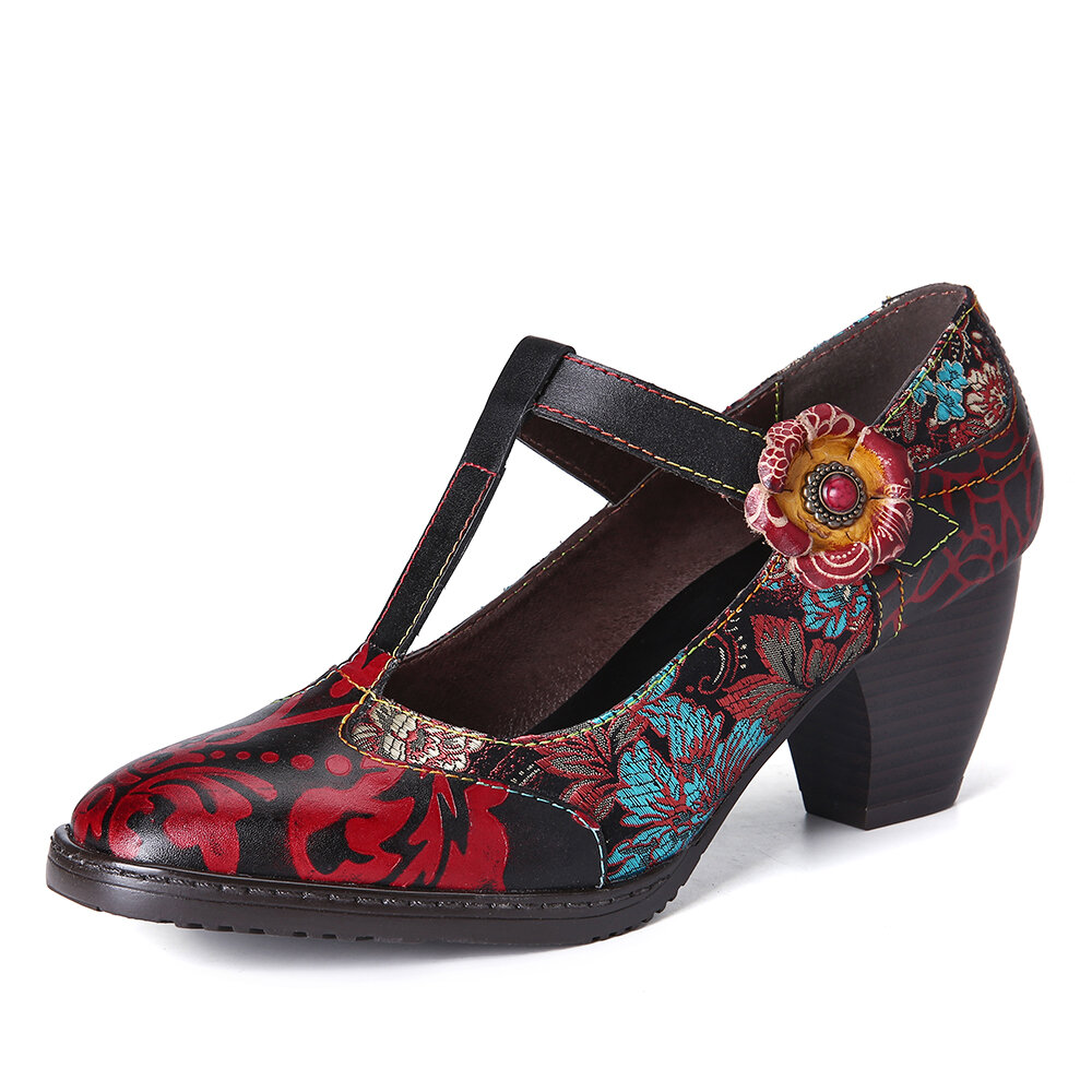 SOCOFY Retro Florals Embroidery Flowers Leather Low Heel T-strap Hook Loop Pumps SOCOFY Retro Florals Embroidery Flowers Leather Low Heel T-strap Hook Loop Pumps