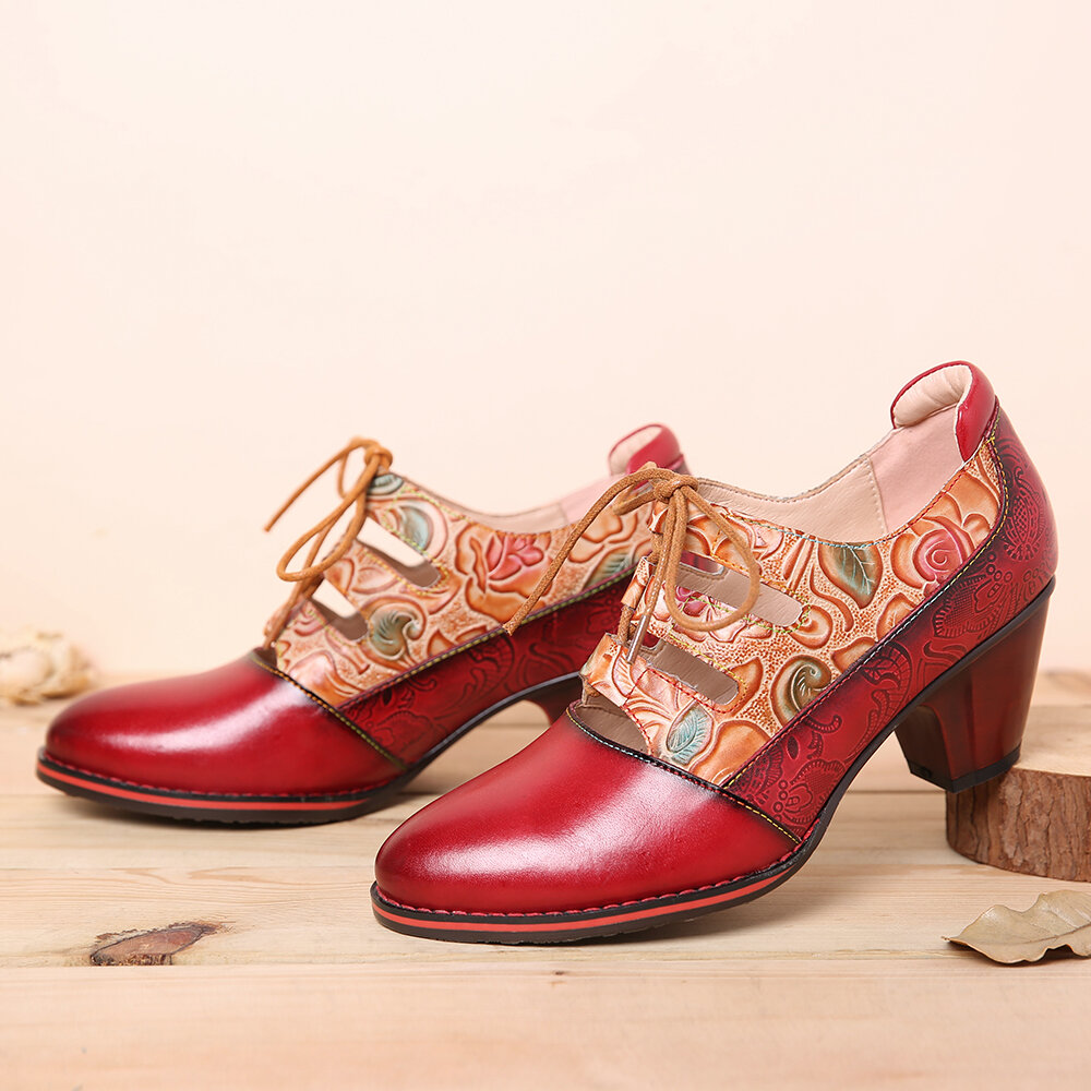 SOCOFY Leather Embossed Flowers Splicing Cut out Lace-up Chunky Heel Pumps Dress Shoes SOCOFY Leather Embossed Flowers Splicing Cut out Lace-up Chunky Heel Pumps Dress Shoes