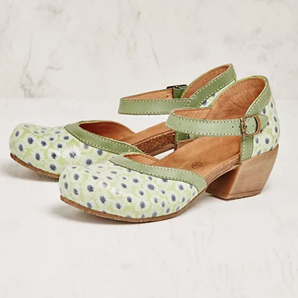 Women Flower Pattern D'Orsay Round Toe Ankle Strap Comfy Casual Heels Pumps Women Flower Pattern D'Orsay Round Toe Ankle Strap Comfy Casual Heels Pumps