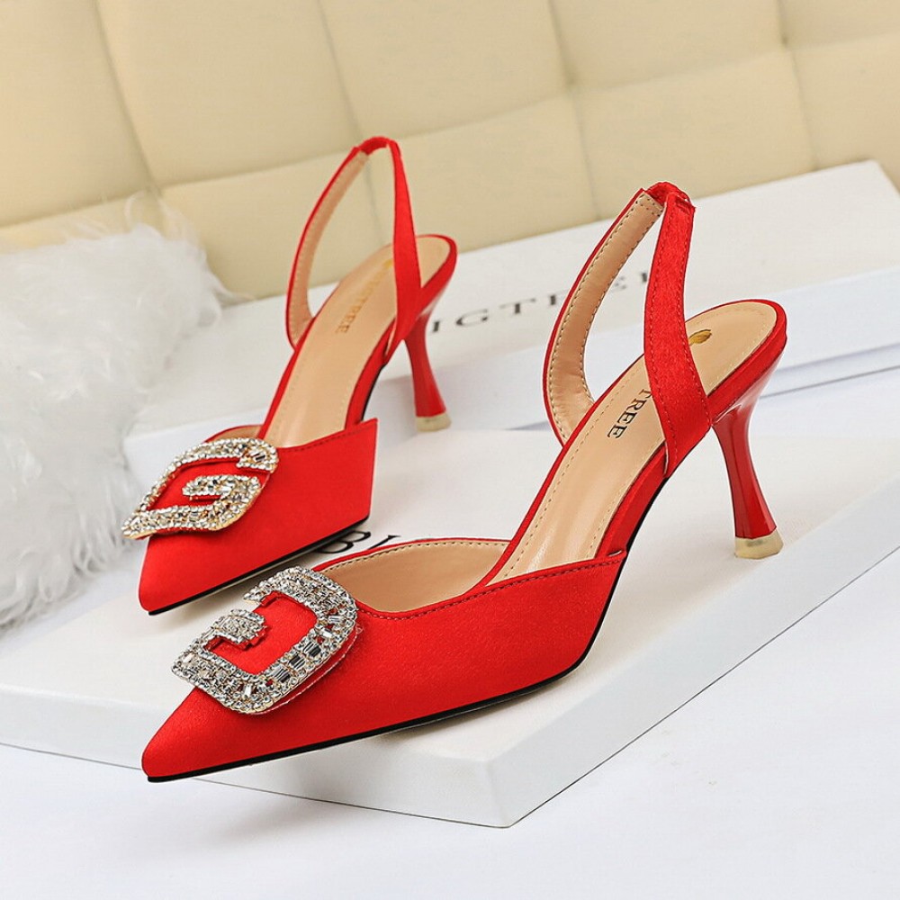 Women Rhinestone Pointed Toe Slingback Buckle Fashion High Heel Pumps Women Rhinestone Pointed Toe Slingback Buckle Fashion High Heel Pumps